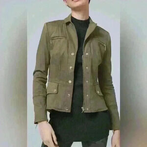 White House Black Market Snap Front Peplum Olive Green  Jacket Size 4